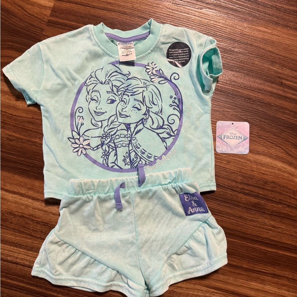 Disney Girls Light Aqua & Purple Frozen Elsa & Anna Pajama Set